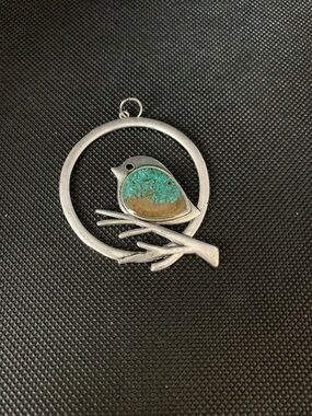 Large Silver Bird Pendant Necklace with Turquoise and Brown Inlay